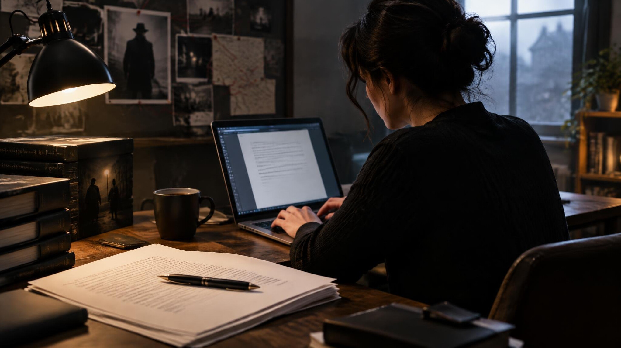mystery writer at desk
