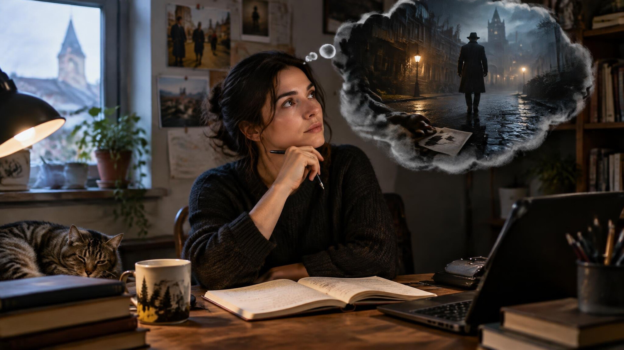 mystery writer at desk