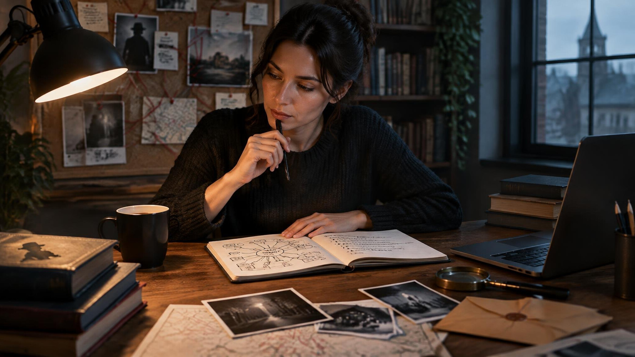 mystery writer at desk