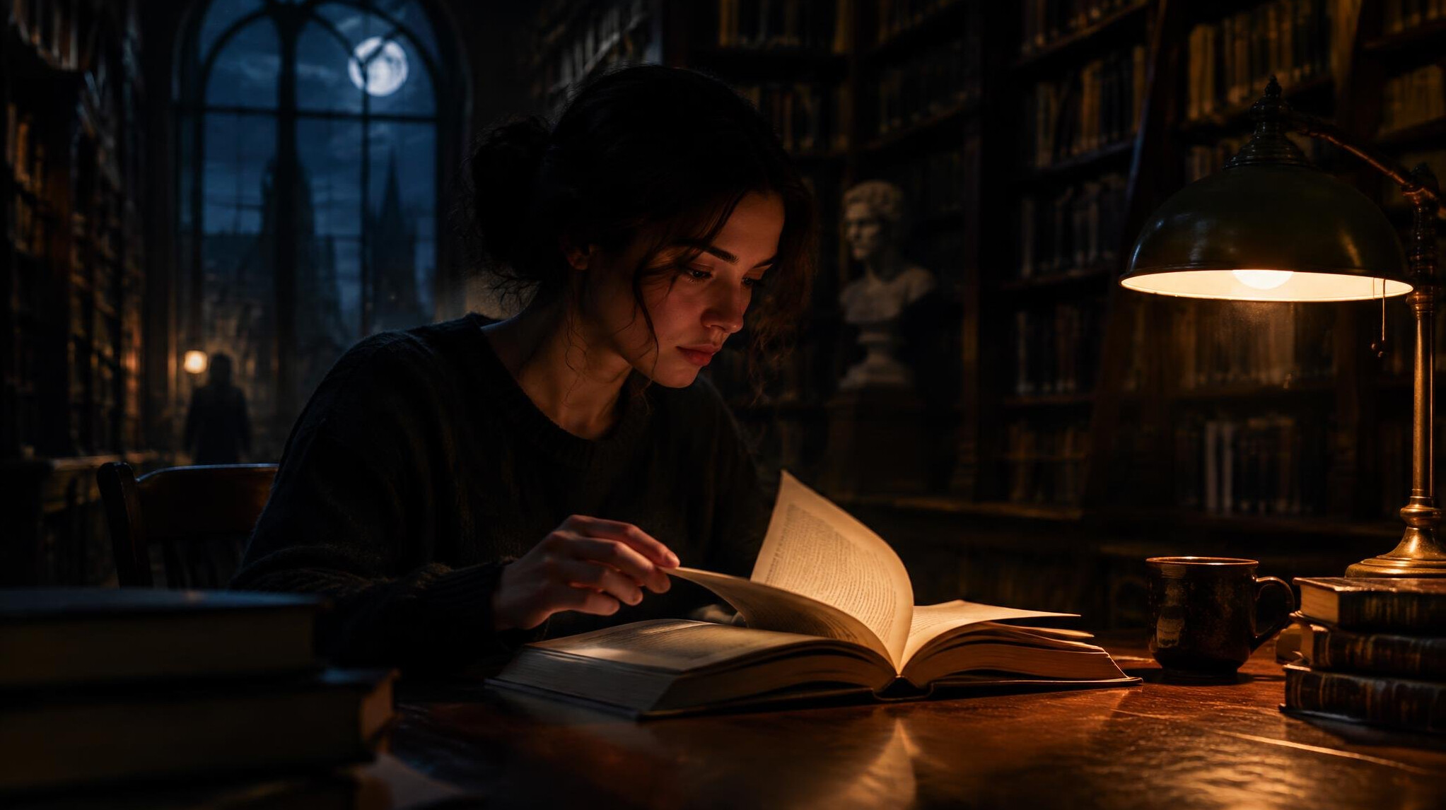 person reading book at night