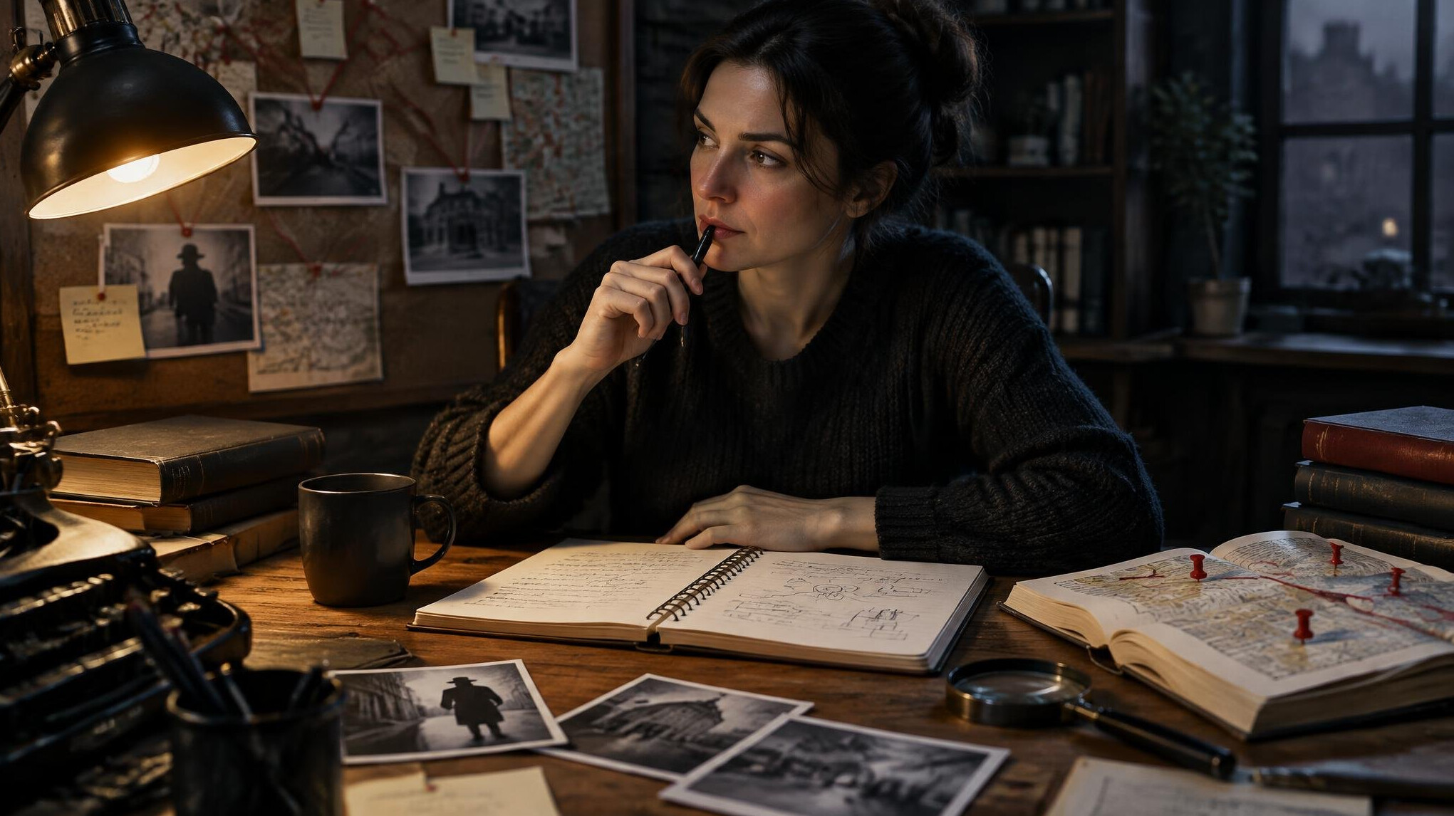 mystery writer at desk